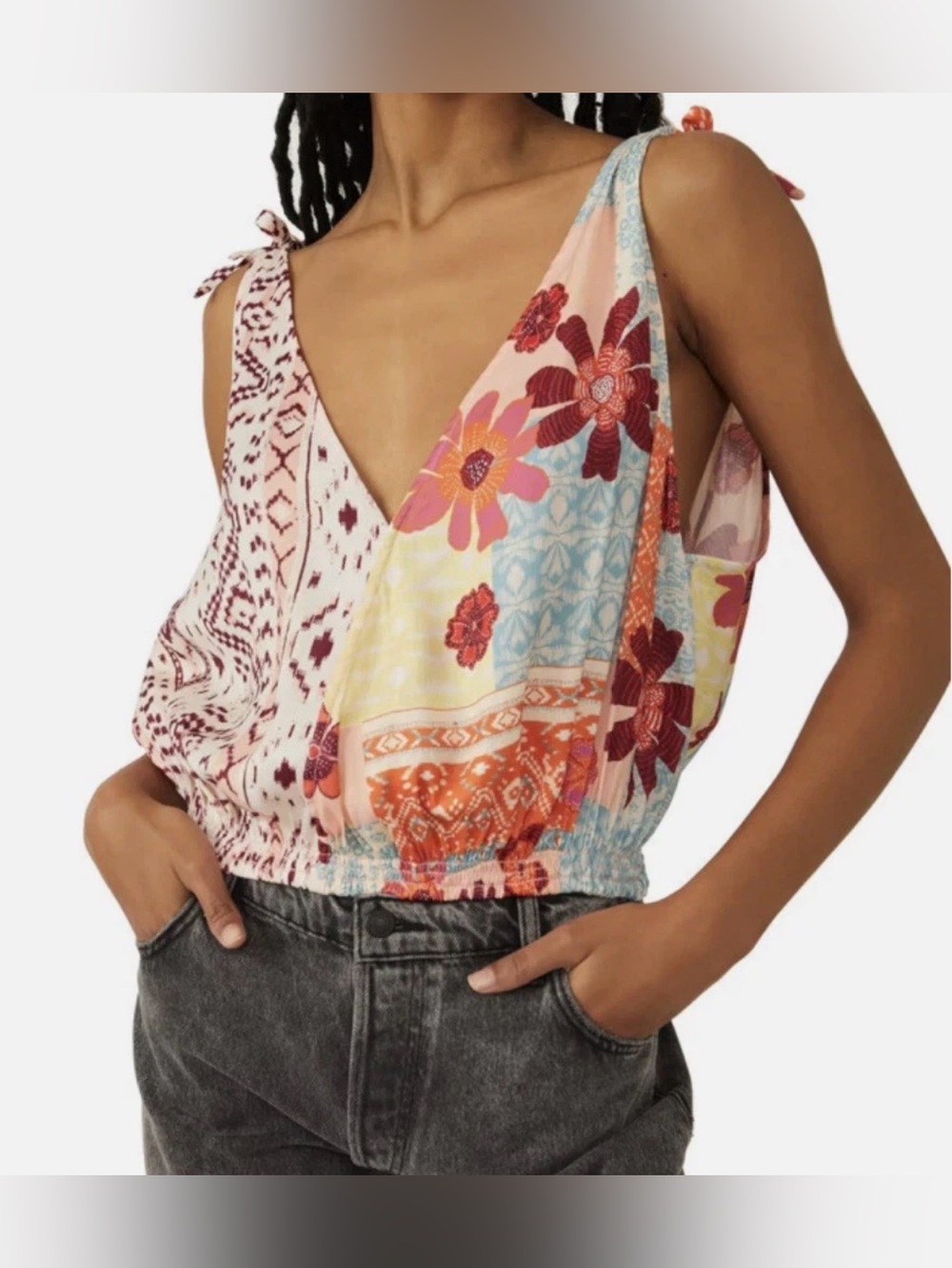 NEW FREE PEOPLE TROPICAL COMBO PRINT TIED TO YOU TANK TOP SHIRT SIZE XS